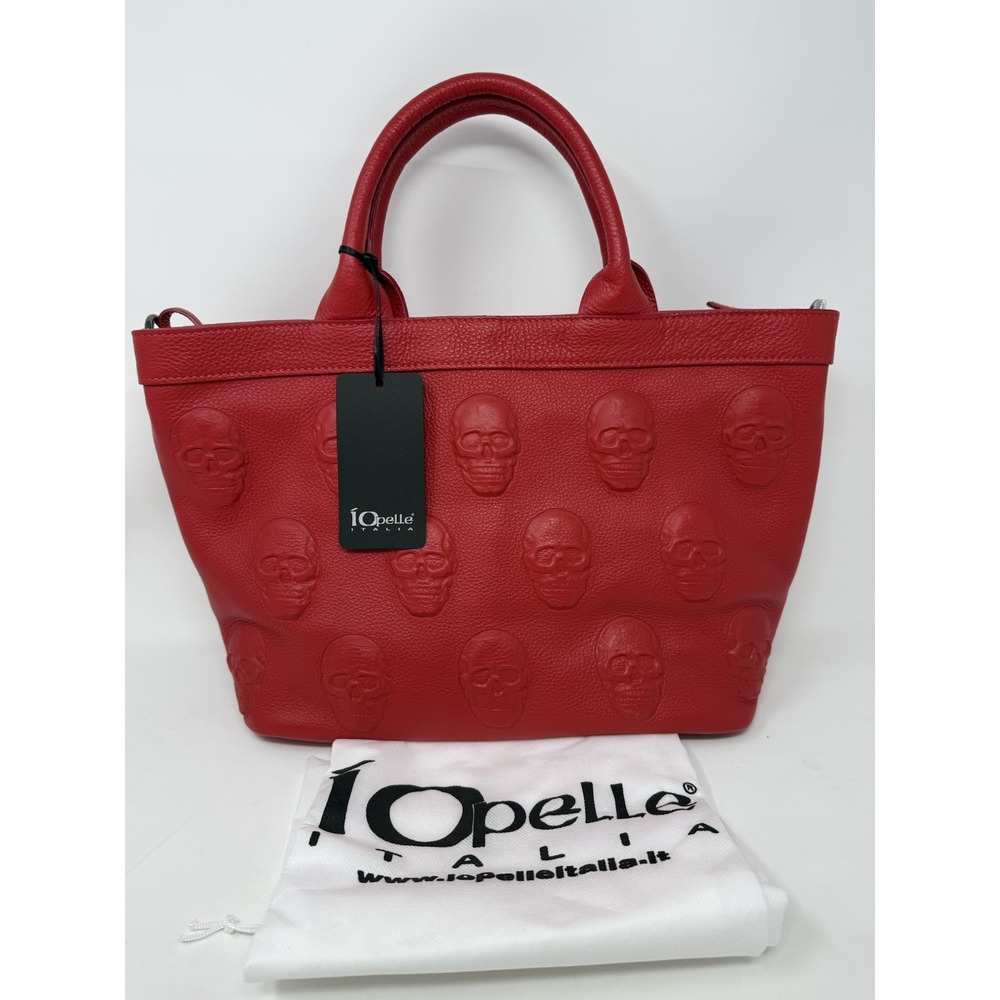 IoPelle Italia Red Pebbled Leather Embossed Skull Tote Bag Made in Italy